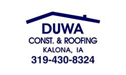 A blue and white logo for duwa const. & roofing in kalona, ia