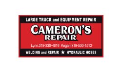 A red and black sign for cameron 's repair
