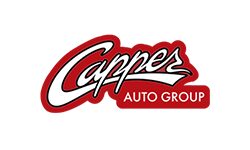 A red and white logo for capper 's auto group.