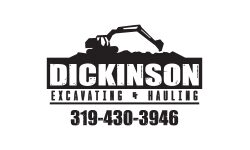 A black and white logo for dickinson excavating & hauling.