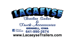 A blue and white logo for lacaeyse trailers.