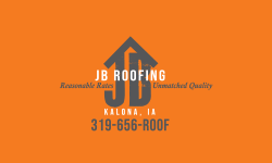 A logo of jb roofing in kalona, iowa.