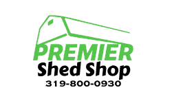 A green and white logo for premier shed shop.