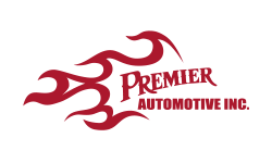 A red and white logo for premier automotive.