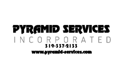 A black and white logo for pyramid services corporate.