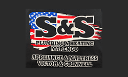 A black t-shirt with the words s & s plumbing and heating marengo, appliance and mattress victor and grinnell.
