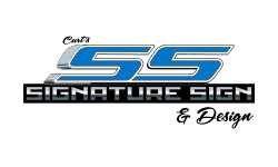 A blue and black logo for curt 's signature signs & design.