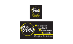 A black and yellow logo for vic 's auto body.
