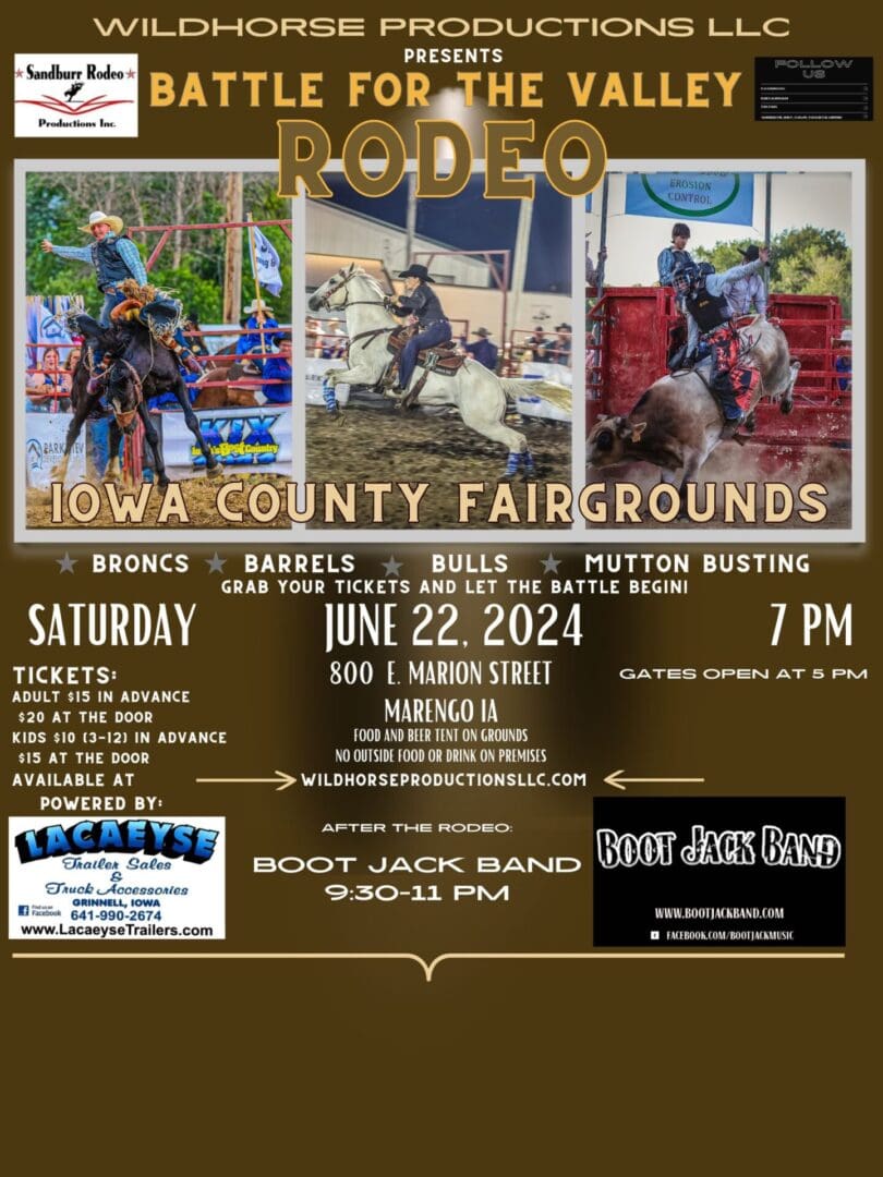 A rodeo poster with three different images of horses.