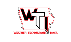 A red and white logo of weather technicians of iowa.