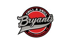 A red and black logo for bryant 's grill.
